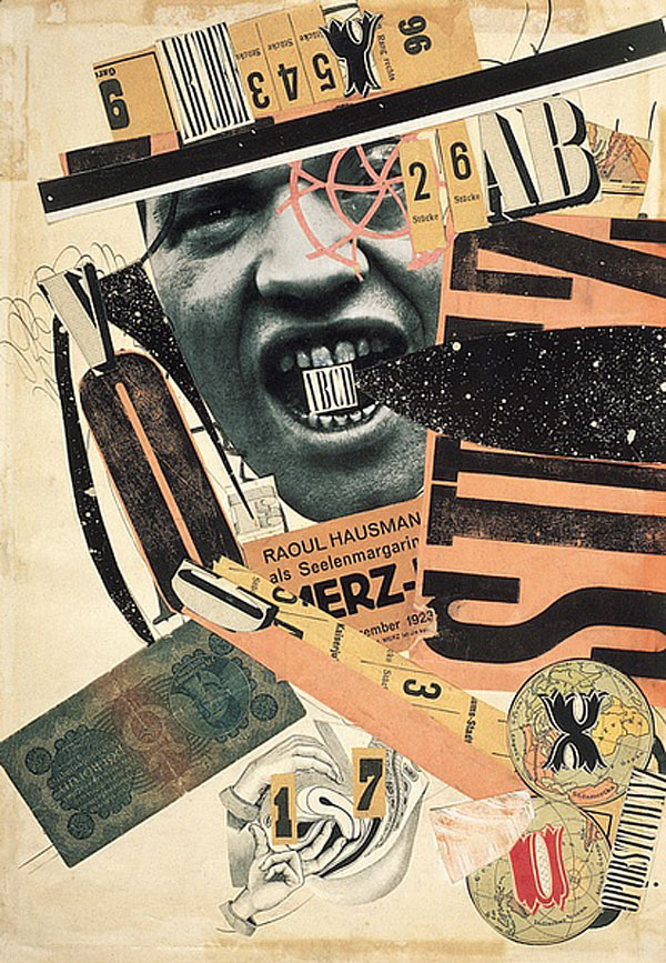 Raoul Hausmann, ABCD, 1923-1924, Encre de Chine, reproduction de photographie et imprimés découpés, collés sur papier, 40,4 x 28,2 cm